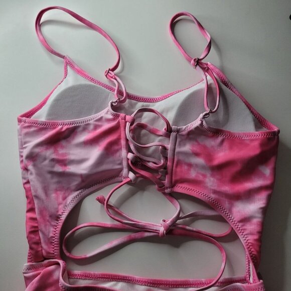 Corset Back String Swimsuit One Piece Hot Pink Open Front Womens Medium - Picture 4 of 10